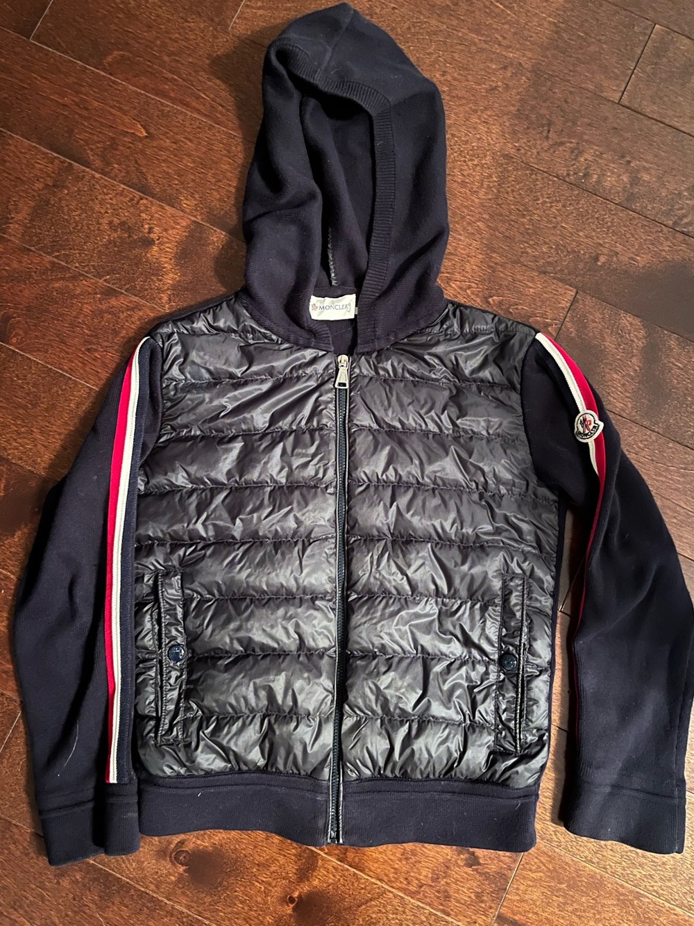 Moncler Kids Navy Hooded Puffer Jacket with Red & White Stripe